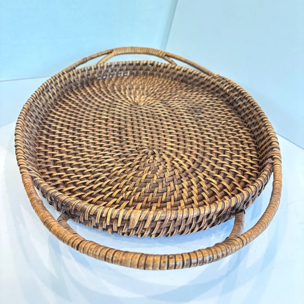 Vintage Woven Rattan Oval Serving Tray Handles Wicker Large 23